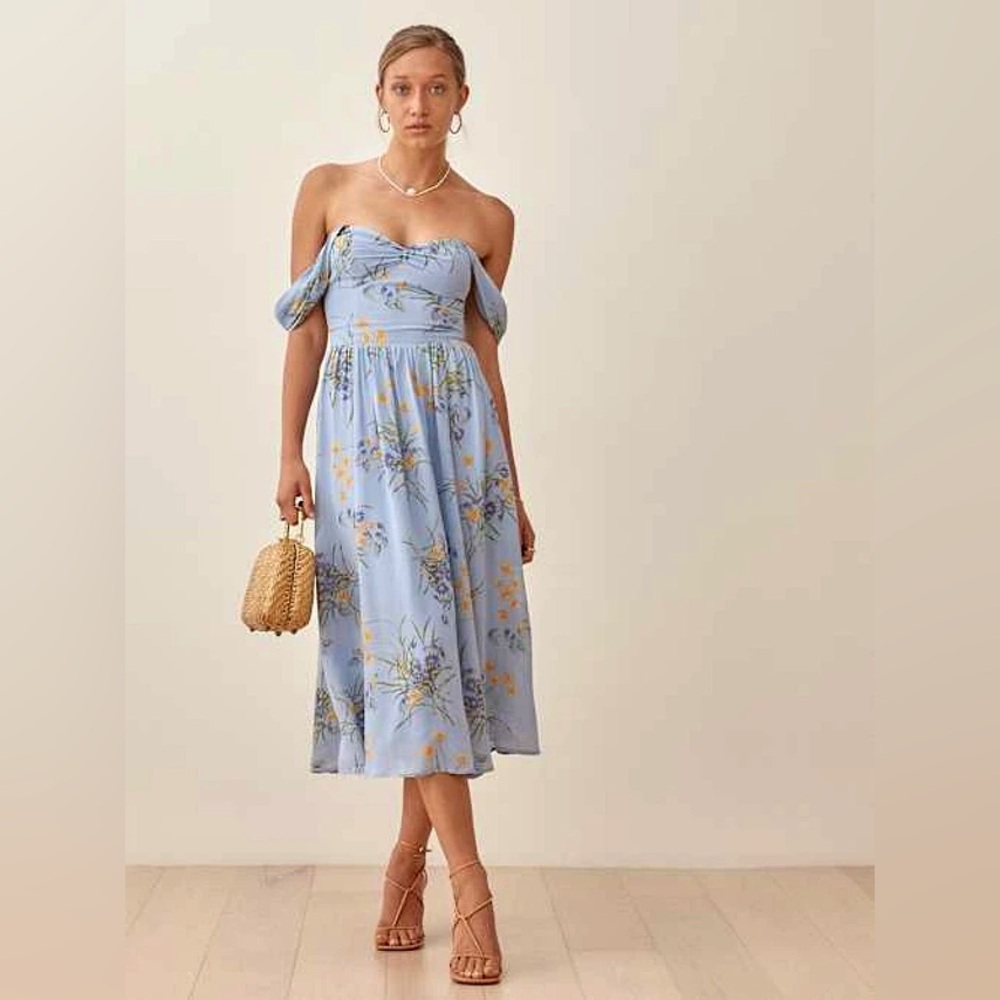 Reformation Womens Violet Midi Dress Off The Shoulder Smocked Back Lined Blue 4